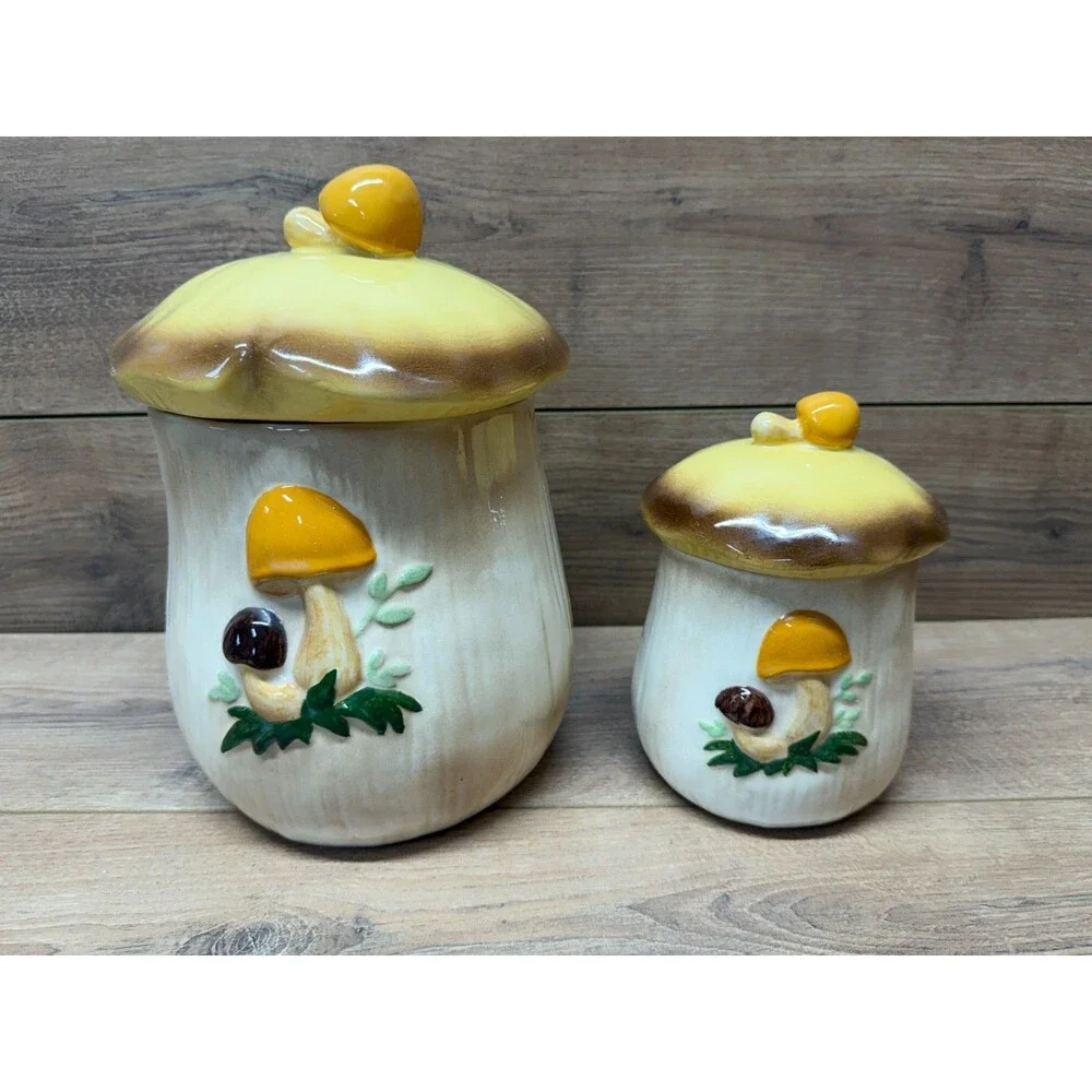 Vintage MCM Ceramic Mushroom Canister Set w/ Lids Retro 1970s Kitchen